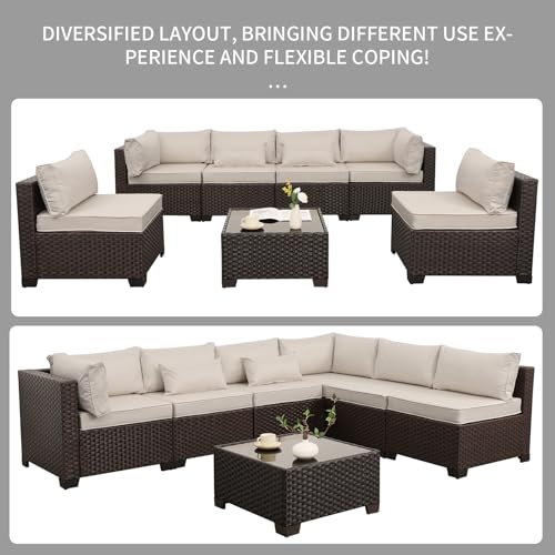 Rattaner 7 Pieces Wicker Patio Furniture Conversation Set Outdoor Sectional Sofa Glass Coffee Table with Non-Slip Cushions and Furniture Cover, Beige