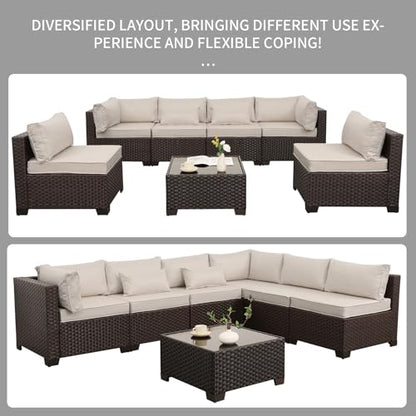 Rattaner 7 Pieces Wicker Patio Furniture Conversation Set Outdoor Sectional Sofa Glass Coffee Table with Non-Slip Cushions and Furniture Cover, Beige