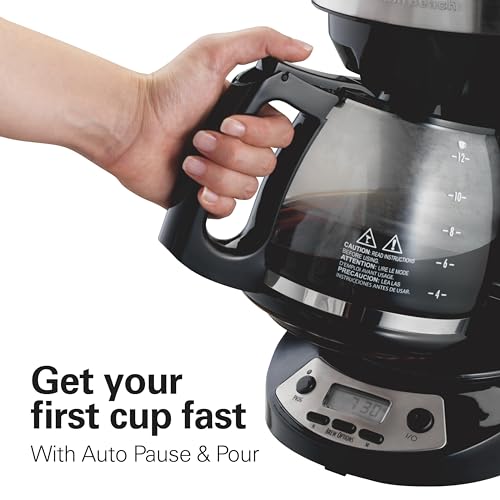 Hamilton Beach 12 Cup Programmable Drip Coffee Maker Machine, Regular & Bold Brew Options, Auto Pause and Pour, Glass Carafe, Black with Stainless Accents (46299J)