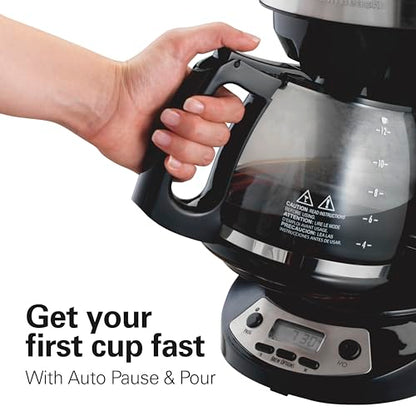 Hamilton Beach 12 Cup Programmable Drip Coffee Maker Machine, Regular & Bold Brew Options, Auto Pause and Pour, Glass Carafe, Black with Stainless Accents (46299J)