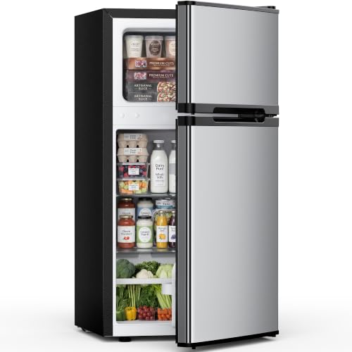 Feelfunn 2.5 Cu.Ft Mini Fridge with Freezer, 2 Door Dorm Fridge, Silver