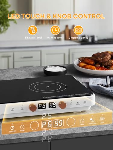 Induction Cooktop 2 Burners, Double Induction Griddle Cooktop 1800W with Removable Iron Cast Griddle Pan Non-stick, Independent Temperature Control, 8 Power Levels, 99 Min Timer for Magnetic Cookware