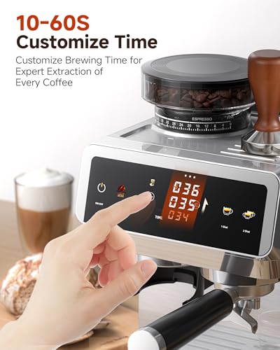 AMZCHEF Espresso Machine With Grinder, 190℉-201℉ Temp Control Coffee machine with 44 Grind Setting, Milk Frother, Touch Screen, Cold Brew, Sliver