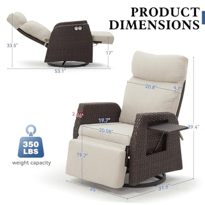 Mvpipi Adjustable Outdoor Recliner Chair with Independent Backrest & Footrest, Patio Swivel Recliner Chair, Wicker Reclining Patio Chair w/Flip-Up Table, Air Pump 155° Lay Flat Chaise Lounge, Beige