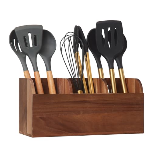 Wooden Utensil Holder for Kitchen Counter, Large Acacia Rustic Utensil Holder for Countertop with 3 Compartments, Wall Mounted Cooking Utensil Holder, Wooden Kitchen Utensil Caddy with Non-Slip Pads