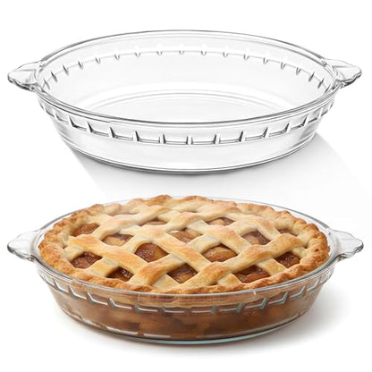 Uiifan 2 Packs 9 Inches Mini Glass Pie Pan for Baking Clear Pie Plate with Handles Round Glass Dish for Baking and Serving, Snacks, Salads, Desserts