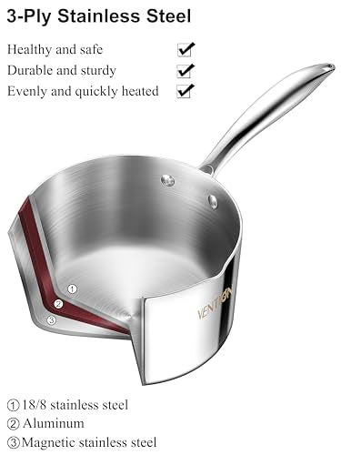 VENTION Tri-Ply Stainless Steel 1 Quart Saucepan with Lid, Bright Small Sauce Pan with Pour Spout, Small Pots for Cooking
