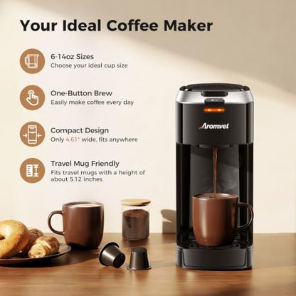 Aromvel Single Serve Coffee Maker for K Cup Pods, One Button Coffee Maker, 6-14oz Brew Sizes, Fits Travel Mug, Compact for Small Kitchen, Office, Dorm, RV, Silver