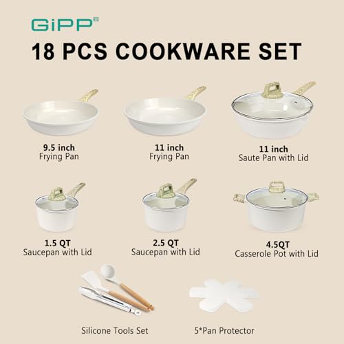 GiPP Ceramic Pots and Pans Set Non Stick - 18 Pcs Nonstick Cookware Set, Non-toxic Healthy Kitchen Cooking Set w/Frying Pans Set, Dishwasher Safe, PFAS PTFE PFOA PFOS Free, Cream White
