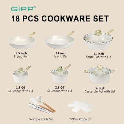 GiPP Ceramic Pots and Pans Set Non Stick - 18 Pcs Nonstick Cookware Set, Non-toxic Healthy Kitchen Cooking Set w/Frying Pans Set, Dishwasher Safe, PFAS PTFE PFOA PFOS Free, Cream White