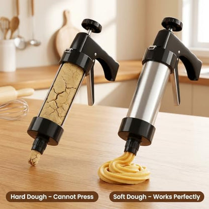 QWORK Stainless Steel Cookie Press Kit – 13 Discs & 8 Tips for Soft Dough, Frosting & Baking Decor