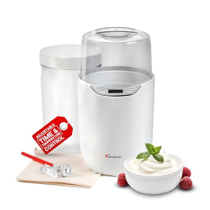 Euro Cuisine YM260 Yogurt Maker with Adjustable Time & Temperature Control, 2-Quart Glass Jar, Free Thermometer & Cotton Strainer Bag, 2025 Edition, White, Make Yummy Organic Probiotic Yogurt at Home