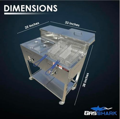 Deep Fryer Cart | 3 Gallon Single Tank | 2 Frying Baskets | 2 Pan Steam Table | Portable 4 Wheel | Stainless Steel | Frying Thermometer | Outdoor Propane Fryer for Chicken, Fish, & More