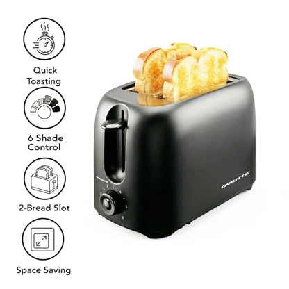 OVENTE Electric 2 Slice Toaster Machine with 6-Shade Browning Selector Setting, Compact Design and Removable Crumb Tray, 700W Power Perfect for Toasting Bread, Thin Bagels and Waffles, Black TP2210B