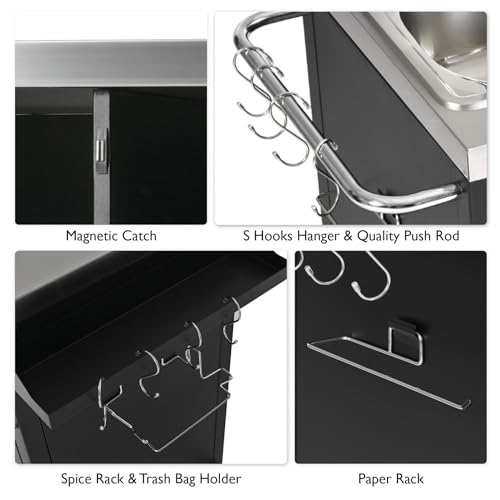 55.5" Outdoor Kitchen Island with Stainless Steel Sink - Rolling Grill Cart with Storage, Mobile Bar Table with 4 Lockable Wheels for Pizza Prep & BBQ