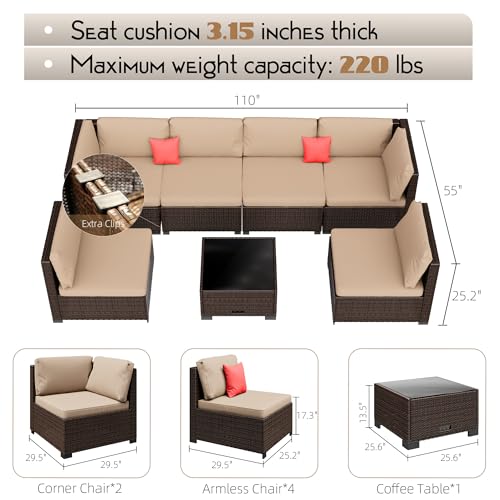 LHBcraft 7 Pieces Outdoor Furniture Set, Wicker Furniture Patio Conversation Sets with Tea Table and Thickened Beige Cushions, Outdoor Patio Sectional Sofa for Garden, Poolside, Backyard