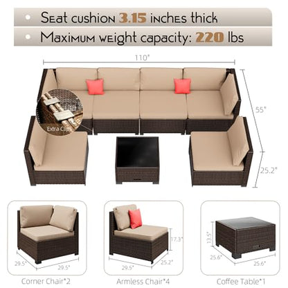 LHBcraft 7 Pieces Outdoor Furniture Set, Wicker Furniture Patio Conversation Sets with Tea Table and Thickened Beige Cushions, Outdoor Patio Sectional Sofa for Garden, Poolside, Backyard