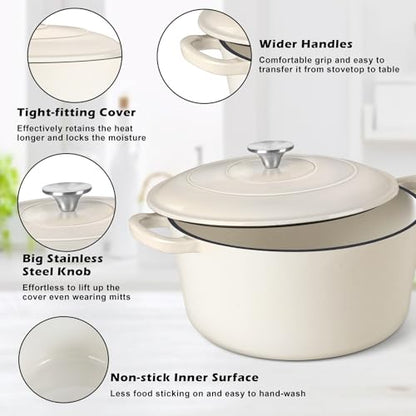TeamFar Enameled Cast Iron Dutch Oven, 7qt Dutch Oven Pot Nonstick Cookware with Lid & Dual Handles for Bread Baking, Cooking, Oven Safe up to 500℉ & Various Stovetops, Healthy & Heavy Duty - White