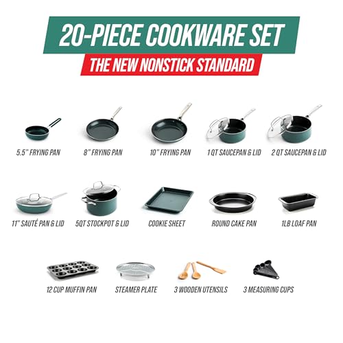 Blue Diamond 20 Piece Cookware and Bakeware Set, Diamond Infused PFAS-Free Ceramic Nonstick Pots and Pans, Durable Nontoxic Metal Utensil Safe & Scratch Resistant, Dishwasher & Oven Safe, Green