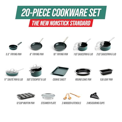 Blue Diamond 20 Piece Cookware and Bakeware Set, Diamond Infused PFAS-Free Ceramic Nonstick Pots and Pans, Durable Nontoxic Metal Utensil Safe & Scratch Resistant, Dishwasher & Oven Safe, Green