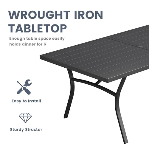 VICLLAX 9 Pieces Patio Outdoor Dining Set, 70" Outdoor Rectangular Metal Dining Table with Umbrella Hole and 8 Stackable Textilene Chairs for Lawn, Garden, Porch, Black/Brown