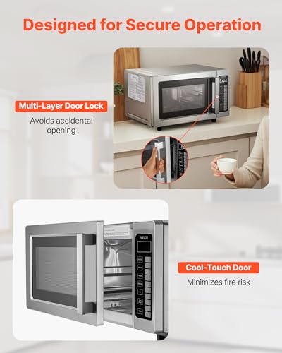 VEVOR Commercial Microwave Oven, 0.9 Cu Ft, 1000W Digital Stainless Steel Countertop Microwave Oven with Touchscreen, 10 Cooking Presets, 5 Power Levels, Multi-Lock Door & Easy Clean for Restaurants