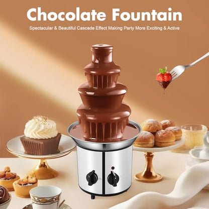 4-Tier 61oz Chocolate Fountain, 170W Stainless Steel Dessert Cascade, 110V Cheese Warmer Tower Caramel Dispenser Candy Melter with Heated Base & Detachable Tiers for Dipping Strawberries Marshmallows
