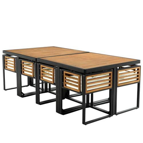 Merax 18 Pieces Outdoor Dining Set for 16 People, Acacia Wood Patio Furniture Sets with 2 Square Tables, 8 Cushioned Chairs and 8 Ottomans for Backyard, Garden, Lawn, Poolside, Beige