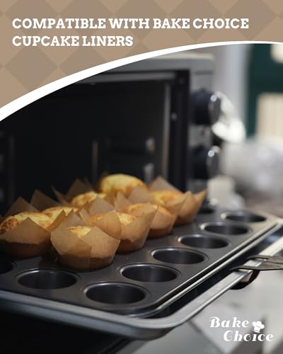 Bake Choice Mini Muffin Pan includes 200 Natural Cupcake Liners, Mini Cupcake Pans Nonstick 24 Cup, Muffin Tin, Carbon Steel Baking Supplies