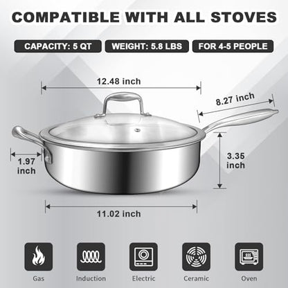 EWFEN 12 Inch Tri-Ply Stainless Steel Frying Pan, Compatible with All Cooktops Up to 600℉, Large Frying Pan with lids, Induction-Ready Skillet, Dishwasher and Oven Safe, Even Heat, 12" Pan+Handle+Lid