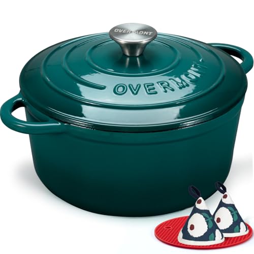 Overmont Enameled Cast Iron Dutch Oven - 7QT Pot with Lid Cookbook & Cotton Potholders - Heavy-Duty Cookware for Braising, Stews, Roasting, Sourdough Baking bottle green
