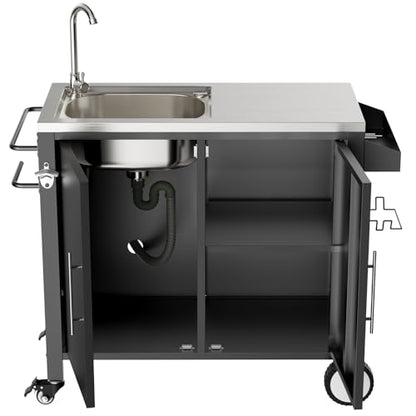 ahomrt Outdoor Grill Table with Sink, Grill Cart with 304 Stainless Steel Sink and Cabinet, Outdoor Grill Cart,Outdoor Cart Sink Station with Wheels, L38” x W18” x H35”