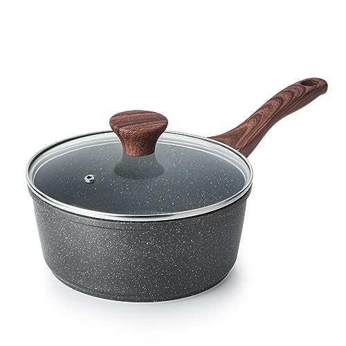 SENSARTE Nonstick Saucepan with Lid, 2.5 Quarts Medium Pot with Swiss Granite Coating, Stay-cool Handle, Sauce Pan Small Kitchen Cooking Pot, Induction Comptable, Free of Intentionally Added PFOA