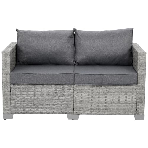 WAROOM Outdoor Patio Loveseat Wicker Small Couch 2-Seater Rattan Sofa Balcony Furniture Deep Seat Porch Seating, Grey Cushion