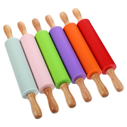 6 Pack Small Rolling Pins for Kids, Silicone Rolling Pin with Wooden Handle, Mini Rolling-Pins for Dough, Cookie, Pastry, 12 Inch (6 Colors)