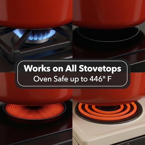 OVENTE Dutch Oven Pot with Lid, 4.6 Quart Aluminum Non-Stick Coated Cookware for Sourdough Bread Baking, Braising, Cooking Soups and More, Oven and Dishwasher Safe, Works on All Stovetops, Red DOA546R