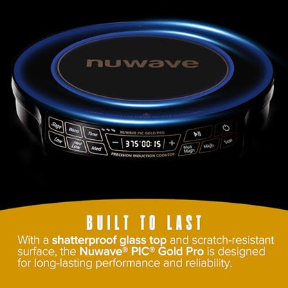 Nuwave Gold Pro Precision Induction Cooktop, Large 8” Heating Coil, 12” Heat-Resistant Cooking Surface, Adjustable Wattages,100°F to 575°F, Portable, Built-In Safety Auto Shut Off