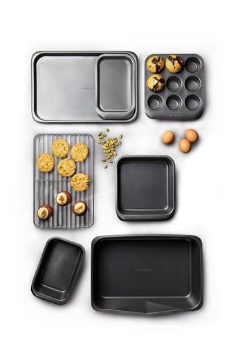Seven-first Master Class KitchenCraft Smart Space Non Stick Carbon Steel Stackable Bakeware Set Including Roasting Tin, Baking Trays and Muffin Tray, 7 Piece Set