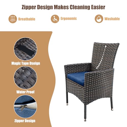ASJMR 5 Pieces Dining Sets for 4 with Rattan Wicker Dining Set Chairs and Square Table Glass Top with Umbrella Cutout, Outdoor and Indoor Set for Patio, Backyard, Garden, Poolside, Kitchen-Navy