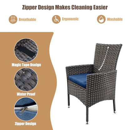 ASJMR 5 Pieces Dining Sets for 4 with Rattan Wicker Dining Set Chairs and Square Table Glass Top with Umbrella Cutout, Outdoor and Indoor Set for Patio, Backyard, Garden, Poolside, Kitchen-Navy