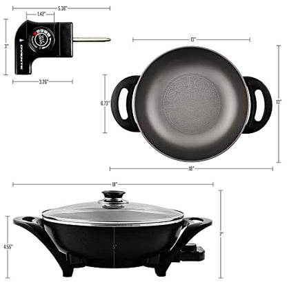 OVENTE Electric Wok with Nonstick Coating, 13 Inch Family-Sized Skillet, 1400W Power, Adjustable Temperature, Tempered Glass Lid, Cool Touch Handles and Easy to Clean Frying Surface, Black SK3113B