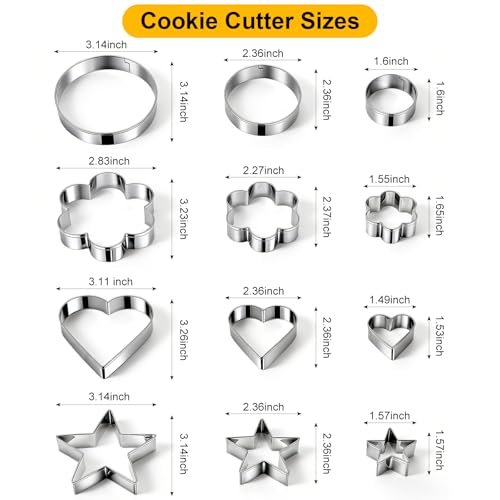 12 Pcs Professional Stainless Steel Cookie Cutters Set - Heart, Flower, Round, Star Shapes Metal Biscuit Cutter, Essential Baking Tools for Dough Preparation