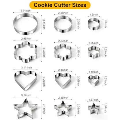 12 Pcs Professional Stainless Steel Cookie Cutters Set - Heart, Flower, Round, Star Shapes Metal Biscuit Cutter, Essential Baking Tools for Dough Preparation