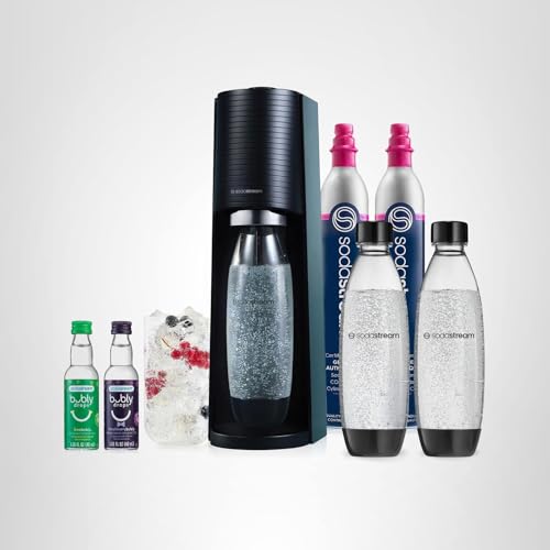 SodaStream TERRA Sparkling Water Maker, Value Bundle, CQC CO2 System, Includes 2 Quick Connect 60L CO2 Cylinders, 3 Dishwasher Safe BPA Free Bottles, 2 bubly Flavor Drops, Make your own Pepsi, Black