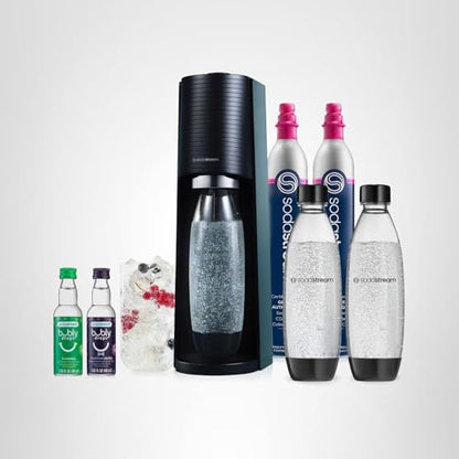 SodaStream TERRA Sparkling Water Maker, Value Bundle, CQC CO2 System, Includes 2 Quick Connect 60L CO2 Cylinders, 3 Dishwasher Safe BPA Free Bottles, 2 bubly Flavor Drops, Make your own Pepsi, Black