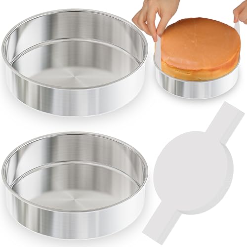 AWTBDP 8 Inch Cake Pan Set of 2, Nonstick Stainless Steel Round Layer Cake Baking Pans with 100PCS Parchment Papers, Circle Cake Pan Tins for Birthday Christmas, Non-Toxic & Healthy, Dishwasher Safe