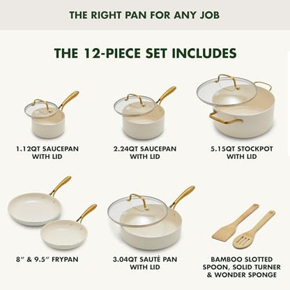 GreenPan 12 Piece Nonstick Swift Cookware Set, Ceramic PFAS-Free Pots & Pans with Lids, Dishwasher & Oven/Broiler Safe to 600F, Kitchen Cooking Set, Sauce, Saute, Stock, Frying Pans, Cream