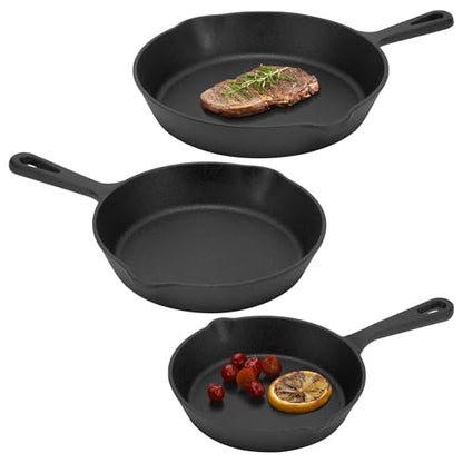 Navaris Cast Iron Skillet - 6/8/10 inch(15/20/25cm) Pre-Seasoned Frying Pan, Pour Spouts, for Oven, Stovetop, Grill & Campfire, Non-Toxic, Heavy-Duty, Even-Heating Cookware