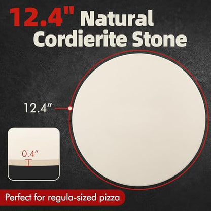 FLYZZA 12.4" Round Pizza Stone, Heavy Duty Cordierite Pizza Pan for Grilling & Pizza Oven, High Temperature Resistant Baking Stone for Pizza, Bread, Meat and More