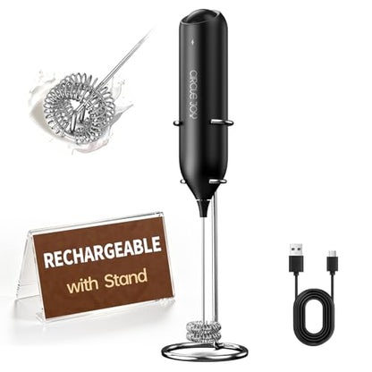 CIRCLE JOY Rechargeable Milk Frother Handheld with Stand, Dual Spring Whisk Head Electric Coffee Frother Foam Maker, Portable Drink Mixer for Cappuccino, Latte, Matcha, Black